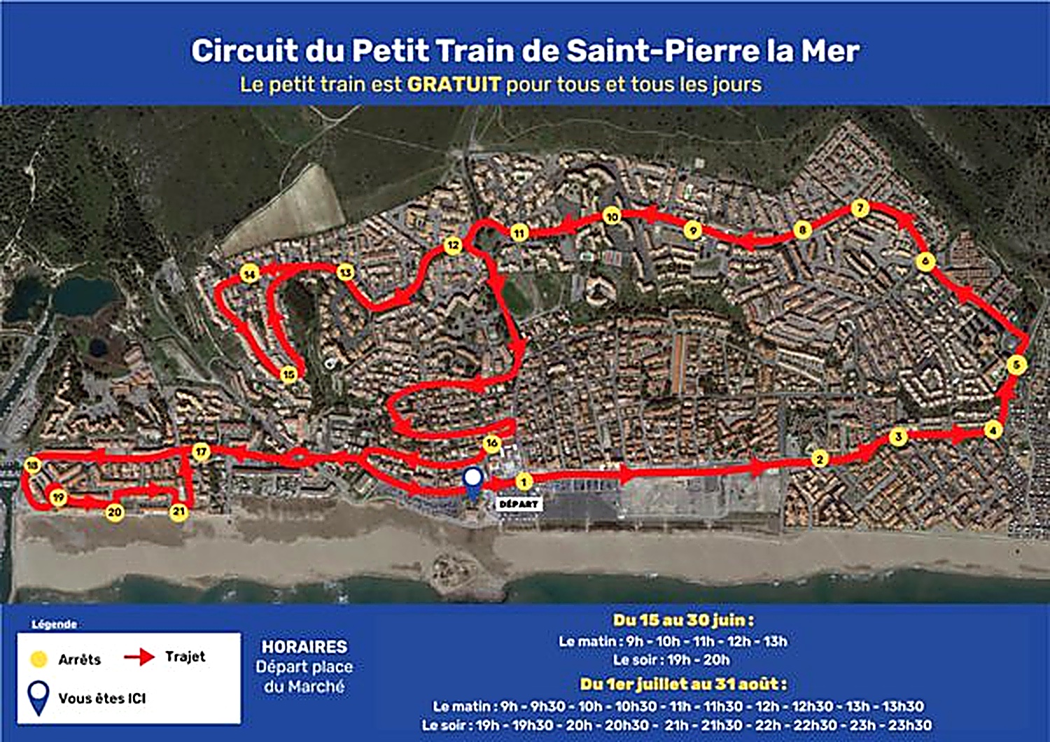 Plan du circuit du petit train gratuit de Saint-Pierre-la-Mer, départ place du Marché